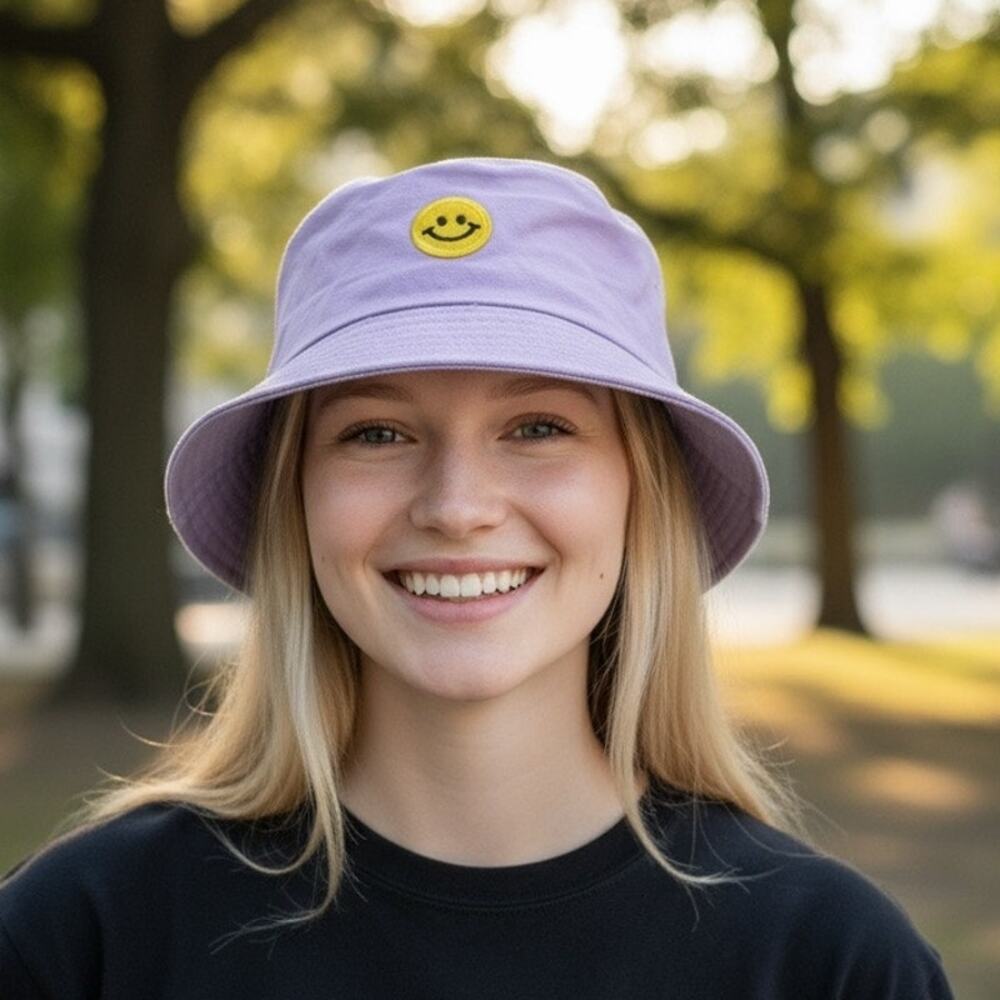 Smile Emoji Patched‎ Bucket Hat Unisex One Size Purple Happy Beach Hiking Casual